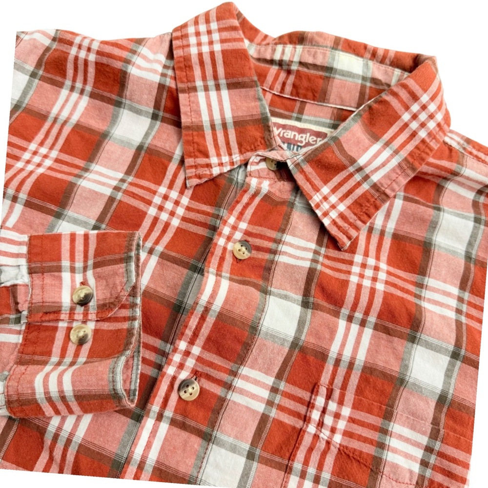 Wrangler Jeans Co Mens Plaid Long Sleeve Button Down Shirt‎ XL X Large Red White
